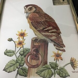 VTG signed Print of Owl Gold Color Frame with Ceramic Owl Home Decoration Accent